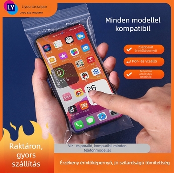 Mobiltelefon izoláló táska, porálló, vastagított, átlátszó, önzáró, érintőképernyő-kompatibilis, vízálló (Anyag: műanyag; Hőpréselés; Testreszabható; Nyomtatott logó; Uniszex)