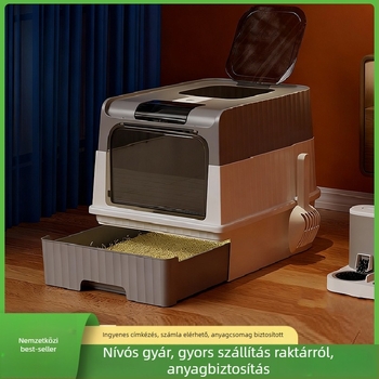 Nagy méretű teljesen zárt macskaalomtál, fiókos kialakítású, fröccsenés elleni, könnyen tisztítható