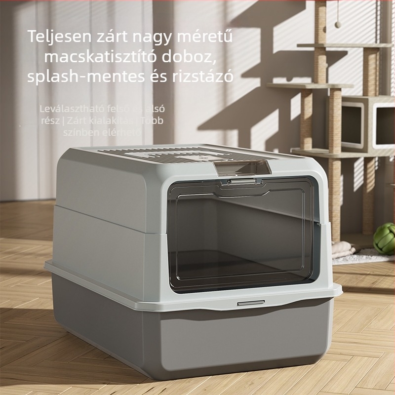 Nagy méretű hordozható zárt macskaalom-tál, fröccsenés elleni védelemmel és szagkontrollal, nagy kapacitású