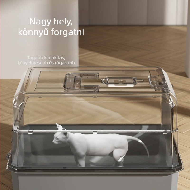 Nagy méretű hordozható zárt macskaalom-tál, fröccsenés elleni védelemmel és szagkontrollal, nagy kapacitású