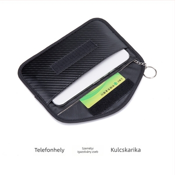 Mobiltelefon védő táska jelvédő – védelem metaldetektortól, anti-degauss, RFID pozíció elleni védelem; anyag szénszálas, Velcro nyitás, RFID belső bélés, ID rekesz, modell K0054, üzleti utazásokhoz