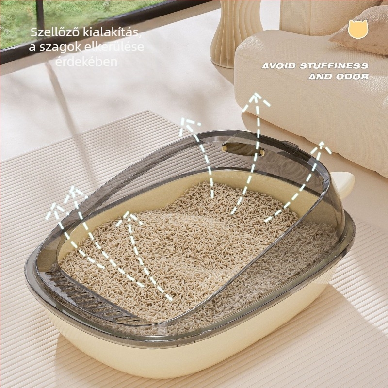 Nyitott macskaalmotál, anti-fröccsenés, alacsony küszöb, macskafül dizájn, PP anyag, Hongyang márka, 22 db/ doboz