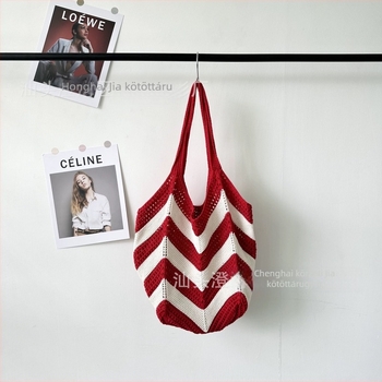 Poliészter Tote táska kötött mintával és kivágott mintával, ovális forma, zseb a telefonhoz