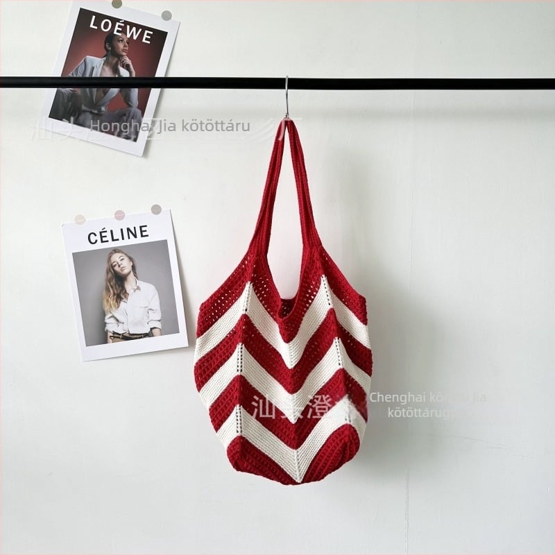 Poliészter Tote táska kötött mintával és kivágott mintával, ovális forma, zseb a telefonhoz