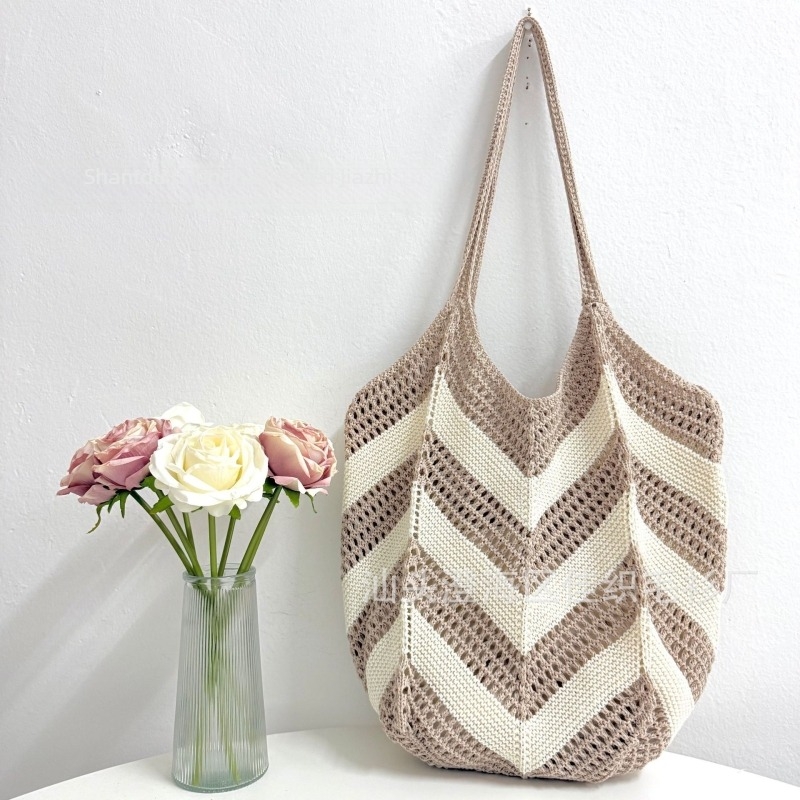 Poliészter Tote táska kötött mintával és kivágott mintával, ovális forma, zseb a telefonhoz