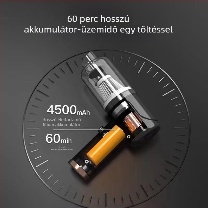 Mini vezeték nélküli autóporszívó, kézi, USB tápellátás, beépített 501–800 mAh akkumulátor, szívóerő 2100–3000 Pa, zaj alatt 36 dB