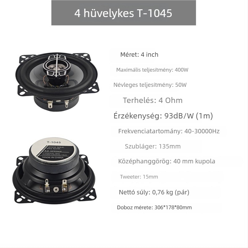 Autó koaxiális hangszóró egyedülálló hangtekercssel, PP membrán, 4 Ω, 60 Hz–20 kHz, 92 dB