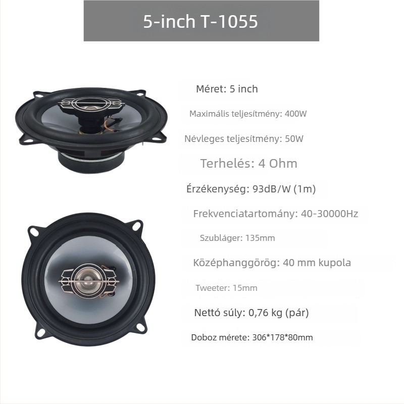 Autó koaxiális hangszóró egyedülálló hangtekercssel, PP membrán, 4 Ω, 60 Hz–20 kHz, 92 dB
