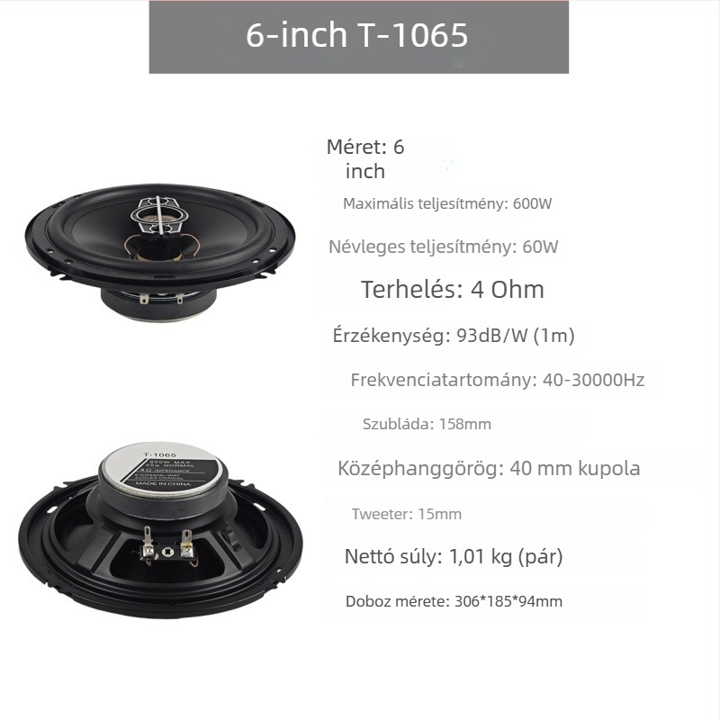 Autó koaxiális hangszóró egyedülálló hangtekercssel, PP membrán, 4 Ω, 60 Hz–20 kHz, 92 dB