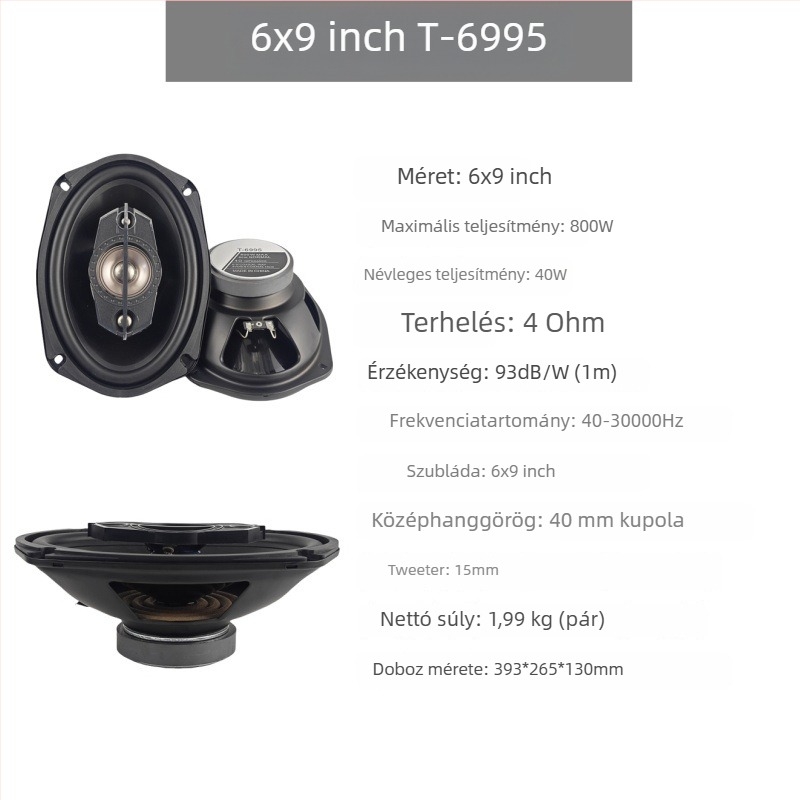 Autó koaxiális hangszóró egyedülálló hangtekercssel, PP membrán, 4 Ω, 60 Hz–20 kHz, 92 dB