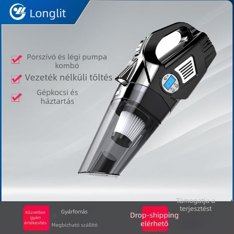 Hordozható autóporszívó légpumpával, világítással és guminyomás-mérővel – 12V, 120W, 5500Pa