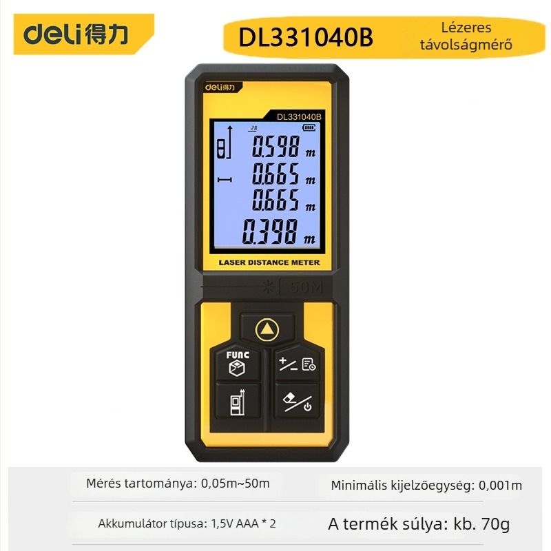 Deli lézeres távolságmérő DL331040B, kézi infravörös lézeres távolságmérő, tartomány 50/120 m, memória 99 csoport
