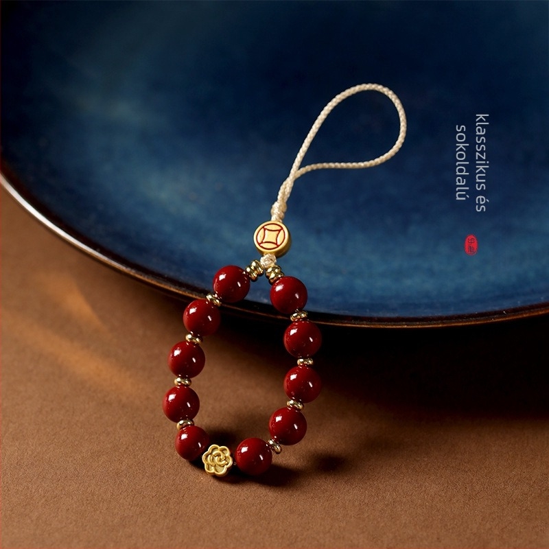 Mobiltelefon medál lila arany homokból, kézzel kötött, geometriai dizájn