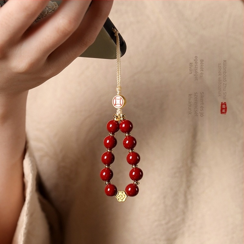 Mobiltelefon medál lila arany homokból, kézzel kötött, geometriai dizájn