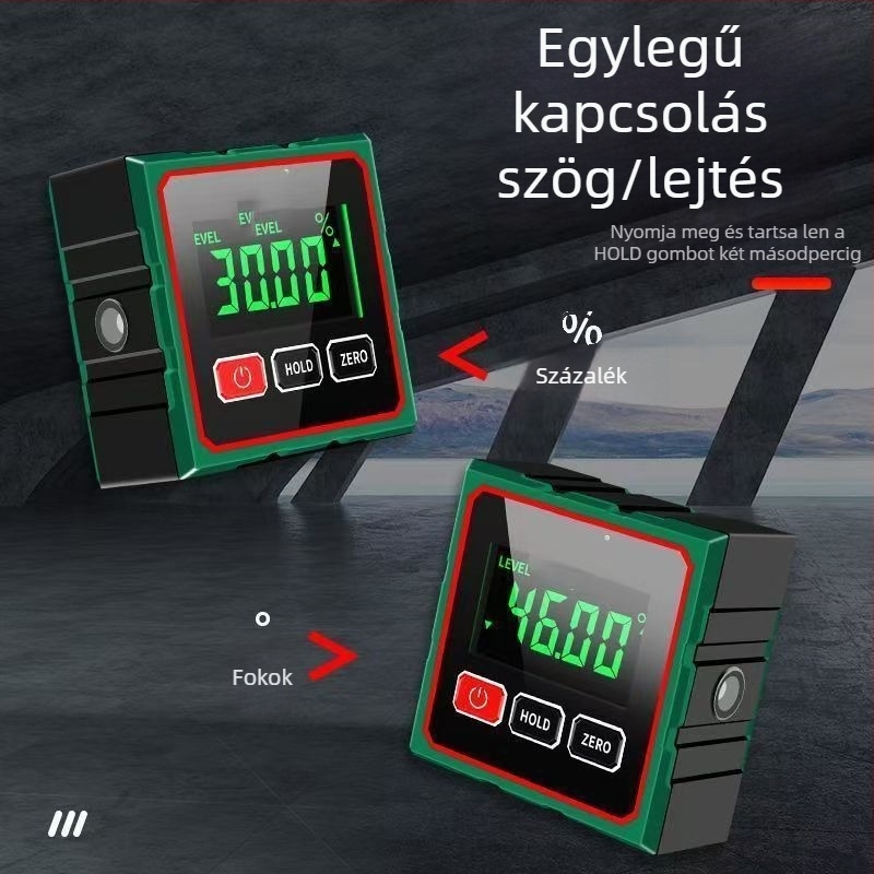 Digitális inklinométer 360° méréssel, erős mágneses alap, nagy pontosságú kijelző, lézeres távolságmérő