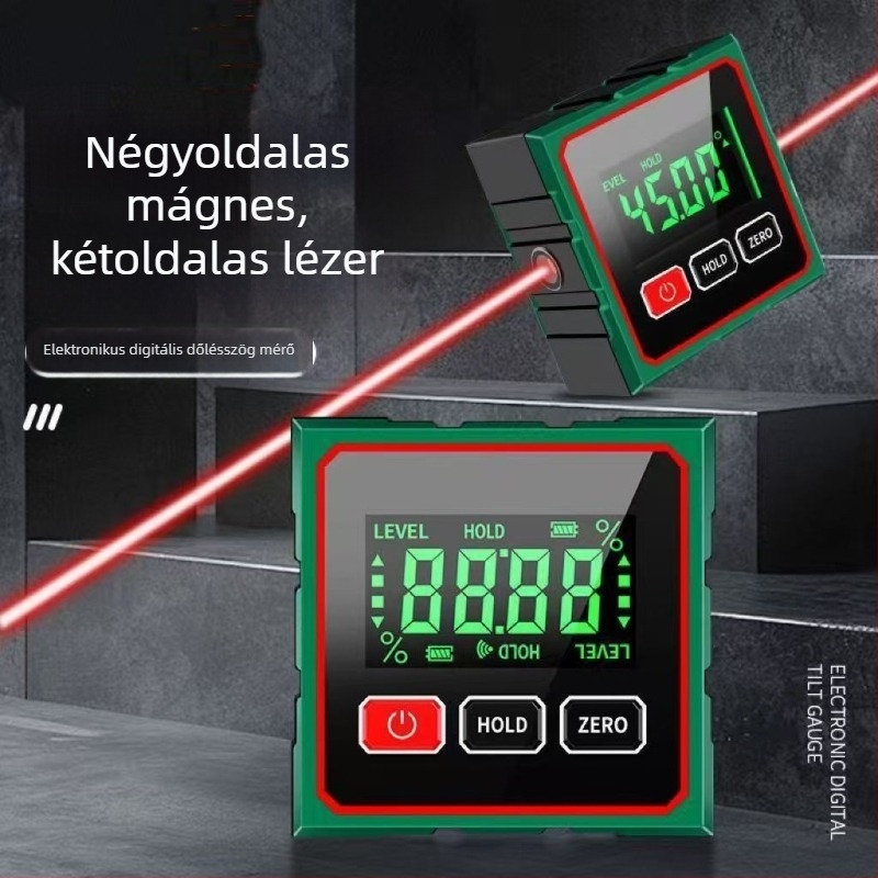 Digitális inklinométer 360° méréssel, erős mágneses alap, nagy pontosságú kijelző, lézeres távolságmérő