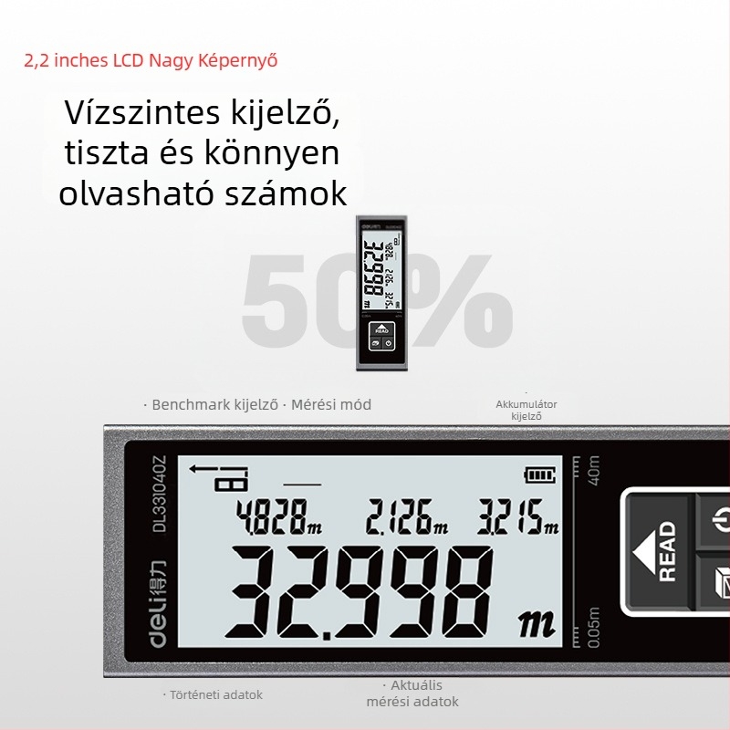 Deli mini lézeres távolságmérő, 40 m hatótávolság, infravörös elektronikus vonalzó, lítium elem, modell DL331040Z