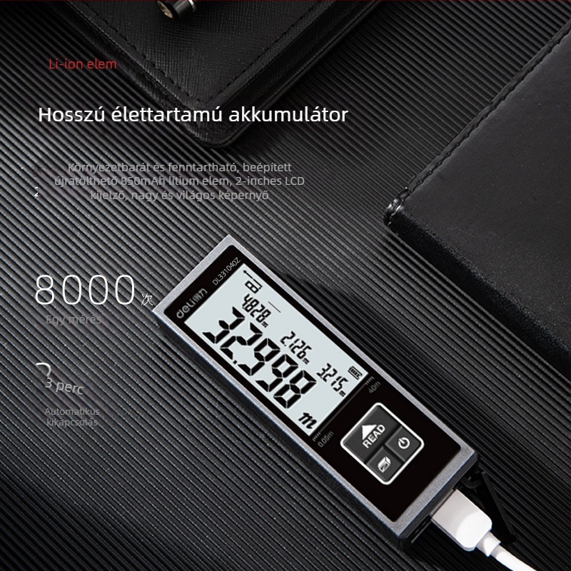 Deli mini lézeres távolságmérő, 40 m hatótávolság, infravörös elektronikus vonalzó, lítium elem, modell DL331040Z