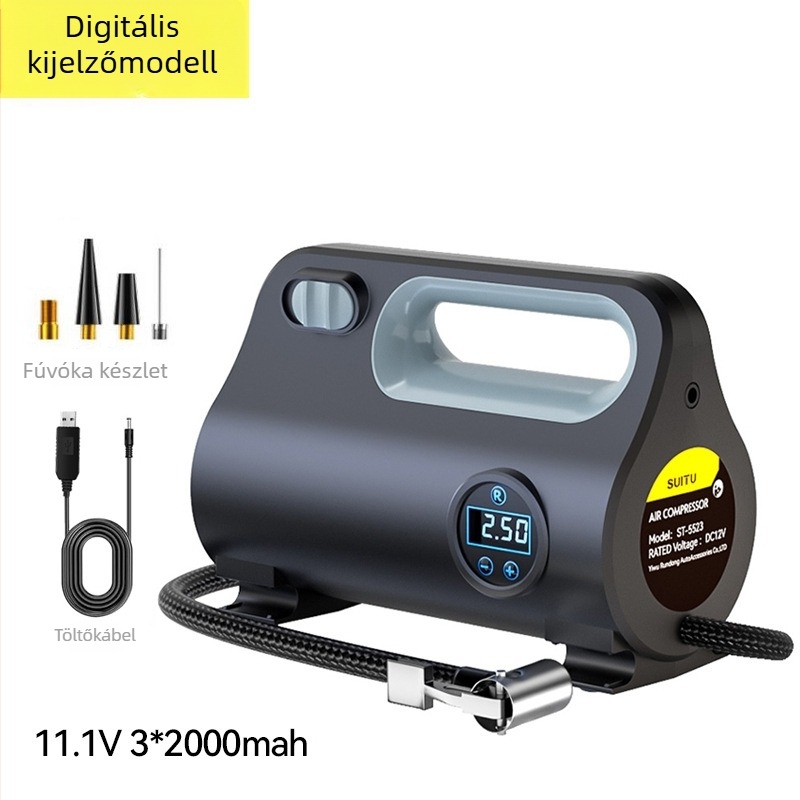 12V-os hordozható autó-légpumpa digitális kijelzővel, 25 L/perc, 5–20 perc működési idő, egyhengeres