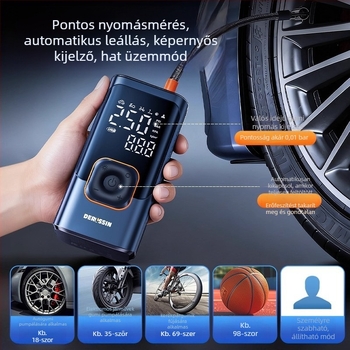 Újratölthető autó légpumpa digitális kijelzővel, 12V, 80W, légáram 30 L/min