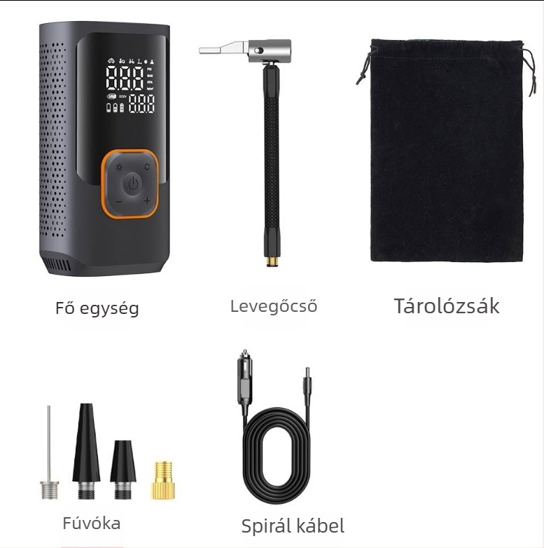 Újratölthető autó légpumpa digitális kijelzővel, 12V, 80W, légáram 30 L/min