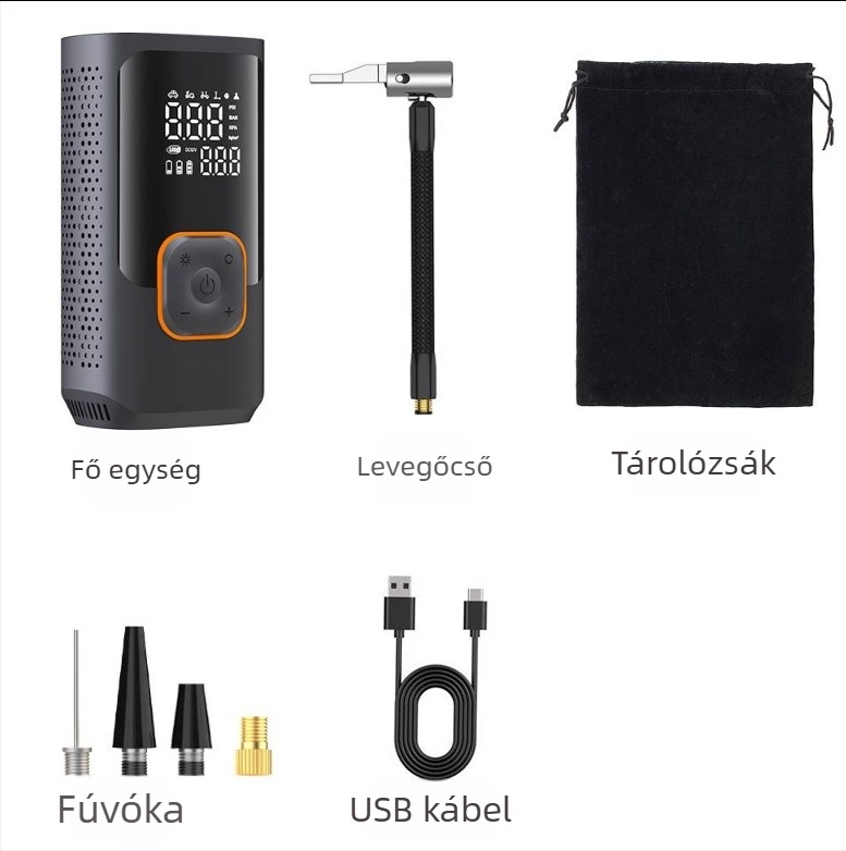 Újratölthető autó légpumpa digitális kijelzővel, 12V, 80W, légáram 30 L/min