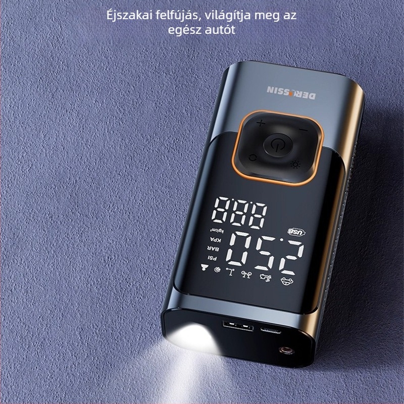 Újratölthető autó légpumpa digitális kijelzővel, 12V, 80W, légáram 30 L/min