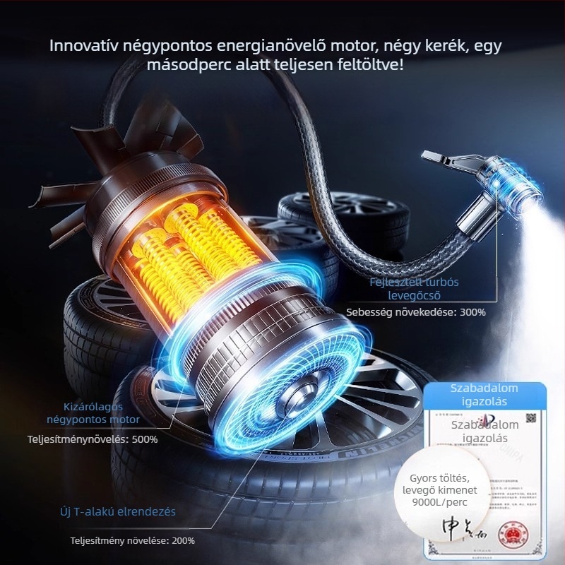 Újratölthető autó légpumpa digitális kijelzővel, 12V, 80W, légáram 30 L/min