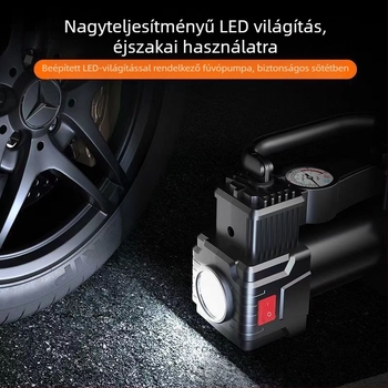 12V-os hordozható két-hengeres magasnyomású autólégpumpa, újratölthető, LCD kijelző