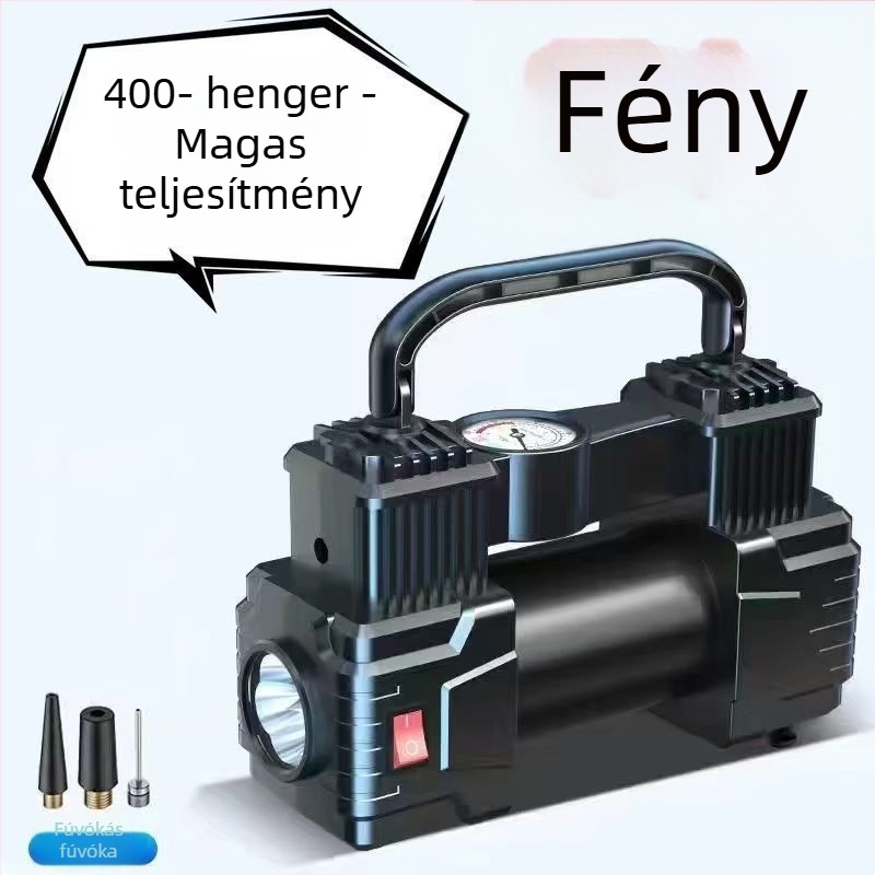 12V-os hordozható két-hengeres magasnyomású autólégpumpa, újratölthető, LCD kijelző