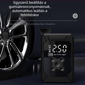 Hordozható vezeték nélküli autógumi pumpa digitális kijelzővel (7.4V, 80W, 45 L/min)