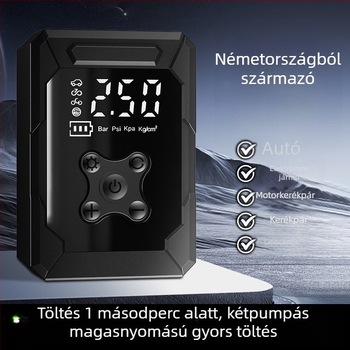 Hordozható vezeték nélküli autógumi pumpa digitális kijelzővel (7.4V, 80W, 45 L/min)