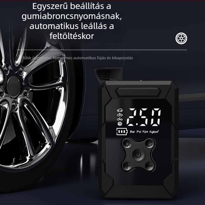 Hordozható vezeték nélküli autógumi pumpa digitális kijelzővel (7.4V, 80W, 45 L/min)