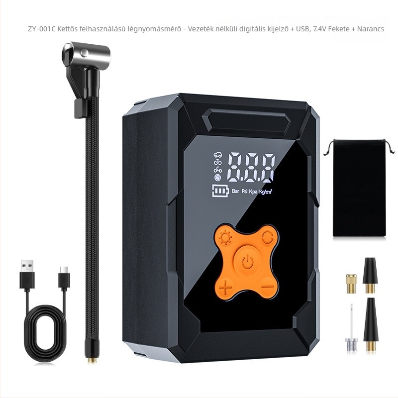 Hordozható vezeték nélküli autógumi pumpa digitális kijelzővel (7.4V, 80W, 45 L/min)