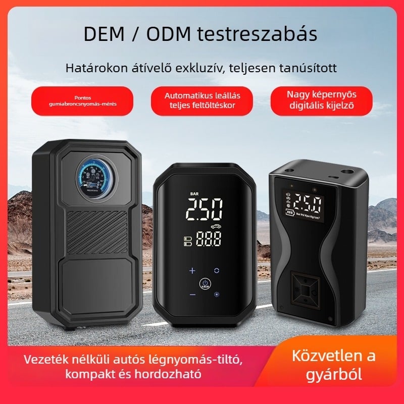 Kompakt hordozható autós légpumpa, egyhengeres, vezeték nélküli töltés, digitális kijelző, manométer a nyomásméréshez