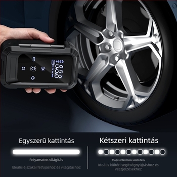 Autóhoz tartozó vezeték nélküli hordozható elektromos levegőpumpa, 12V, 80W, 25 L/min, Újratölthető, Digitális kijelző