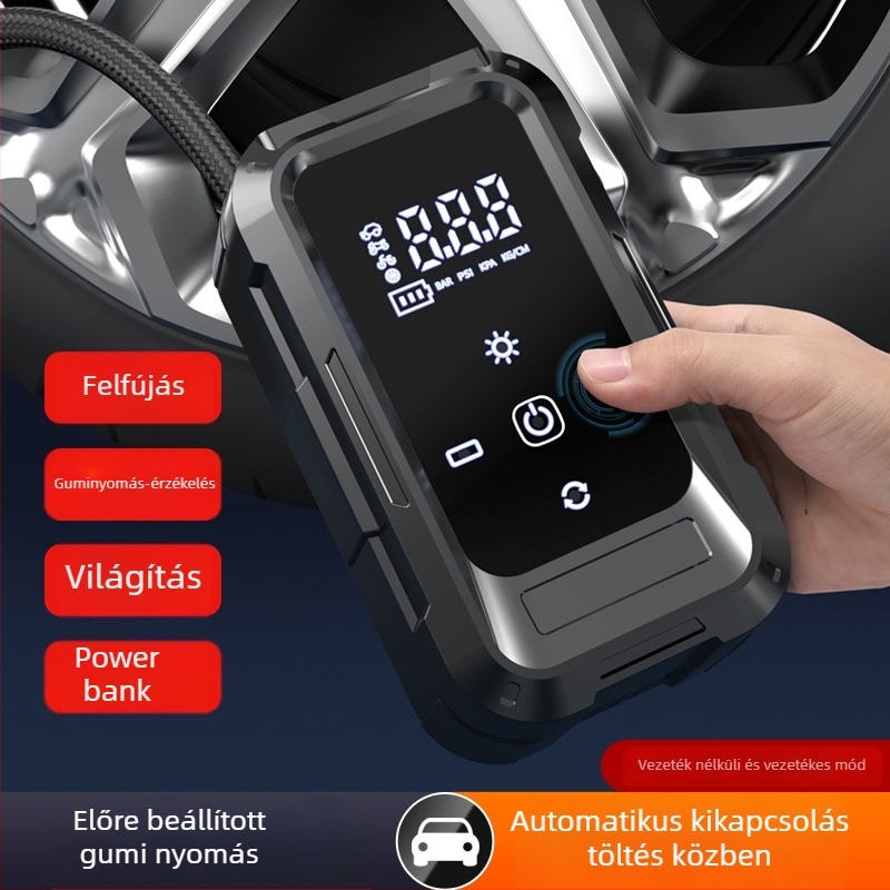 Autóhoz tartozó vezeték nélküli hordozható elektromos levegőpumpa, 12V, 80W, 25 L/min, Újratölthető, Digitális kijelző