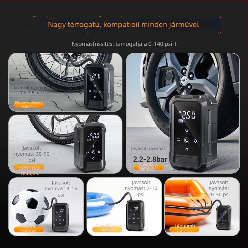 Autóhoz tartozó vezeték nélküli hordozható elektromos levegőpumpa, 12V, 80W, 25 L/min, Újratölthető, Digitális kijelző