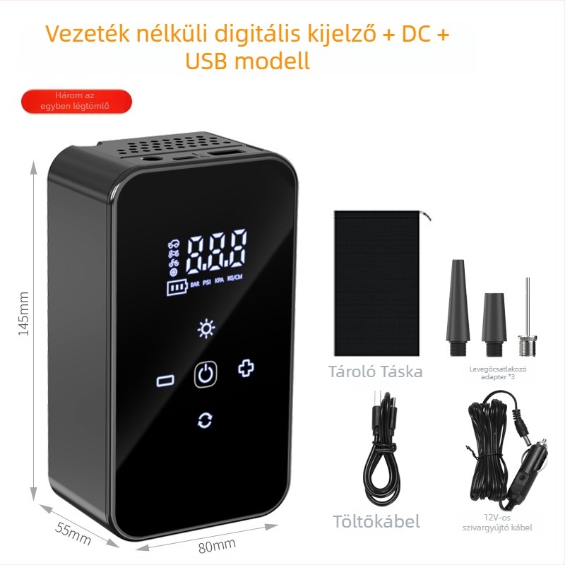 Autóhoz tartozó vezeték nélküli hordozható elektromos levegőpumpa, 12V, 80W, 25 L/min, Újratölthető, Digitális kijelző