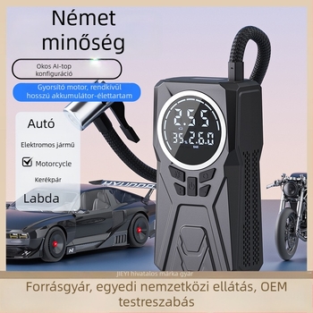 Járműre szerelhető vezeték nélküli autógumi pumpa nyomásmérővel; 12V, <80W, 25 L/min, digitális kijelző, USB töltés