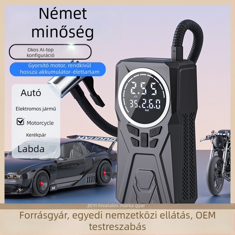 Járműre szerelhető vezeték nélküli autógumi pumpa nyomásmérővel; 12V, <80W, 25 L/min, digitális kijelző, USB töltés
