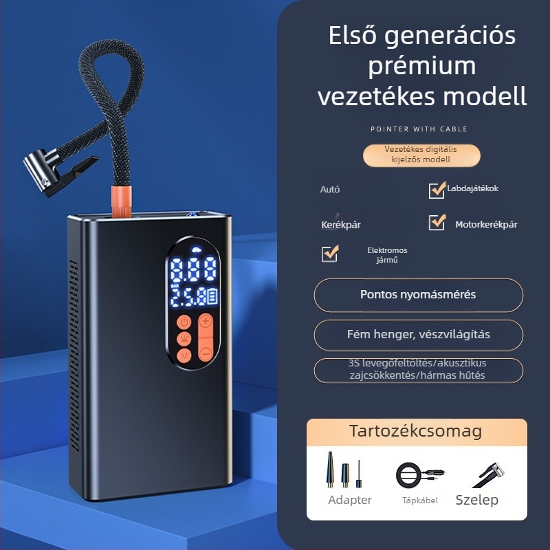 Vezeték nélküli autó légpumpa, hordozható, automata kézi működésű, elektromos magasnyomású gumipumpa LED-fénnyel