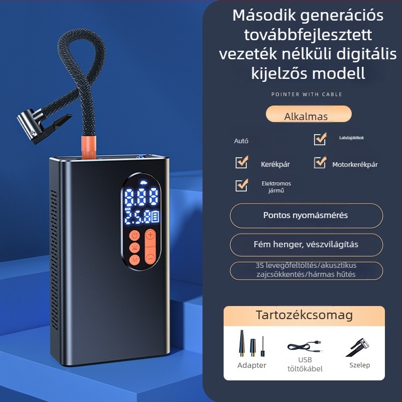 Vezeték nélküli autó légpumpa, hordozható, automata kézi működésű, elektromos magasnyomású gumipumpa LED-fénnyel