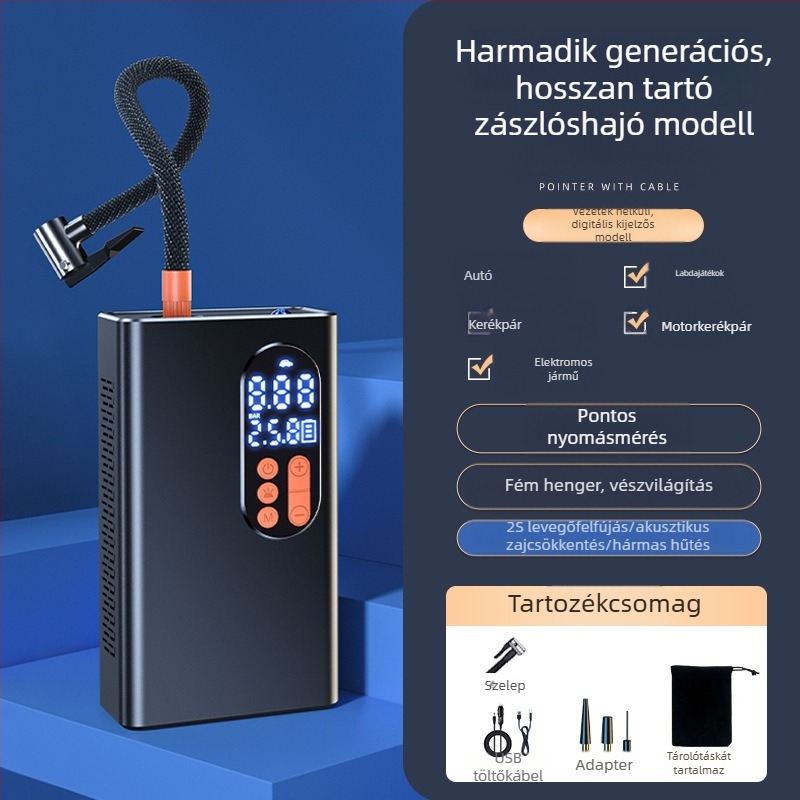 Vezeték nélküli autó légpumpa, hordozható, automata kézi működésű, elektromos magasnyomású gumipumpa LED-fénnyel