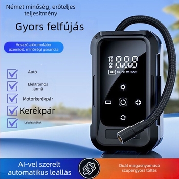 Könnyen hordozható vezeték nélküli autó légpumpa – 12V, 80W, többszelemes, digitális LCD kijelző és gumiabroncsnyomás mérés, újratölthető