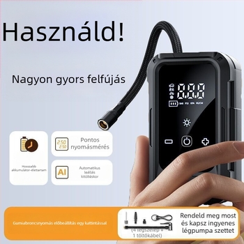 Könnyen hordozható vezeték nélküli autó légpumpa – 12V, 80W, többszelemes, digitális LCD kijelző és gumiabroncsnyomás mérés, újratölthető