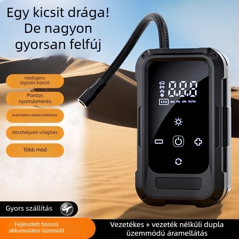 Könnyen hordozható vezeték nélküli autó légpumpa – 12V, 80W, többszelemes, digitális LCD kijelző és gumiabroncsnyomás mérés, újratölthető