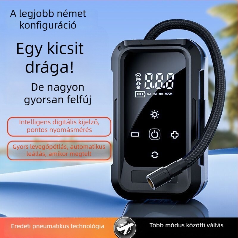 Könnyen hordozható vezeték nélküli autó légpumpa – 12V, 80W, többszelemes, digitális LCD kijelző és gumiabroncsnyomás mérés, újratölthető