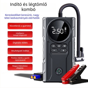 Autó vészindító áramforrás és levegőpumpa – mindent egyben, 12V, 1800A, 200W, USB töltés, levegőáram 35 L/min