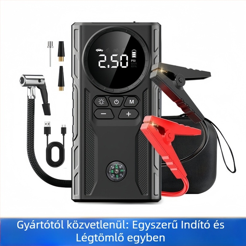 Autó vészindító áramforrás és levegőpumpa – mindent egyben, 12V, 1800A, 200W, USB töltés, levegőáram 35 L/min